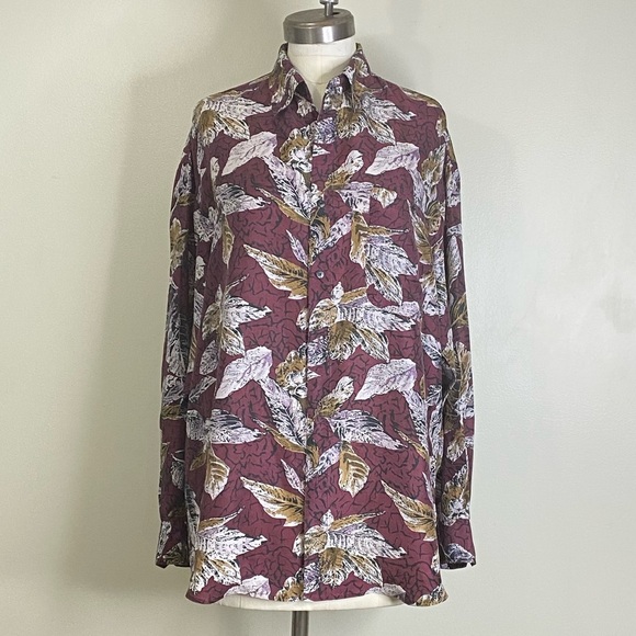 100% SILK FALL LEAVES SOFT BUTTON UP LONG SLEEVE BLOUSE SIZE LARGE UNISEX - Picture 3 of 14